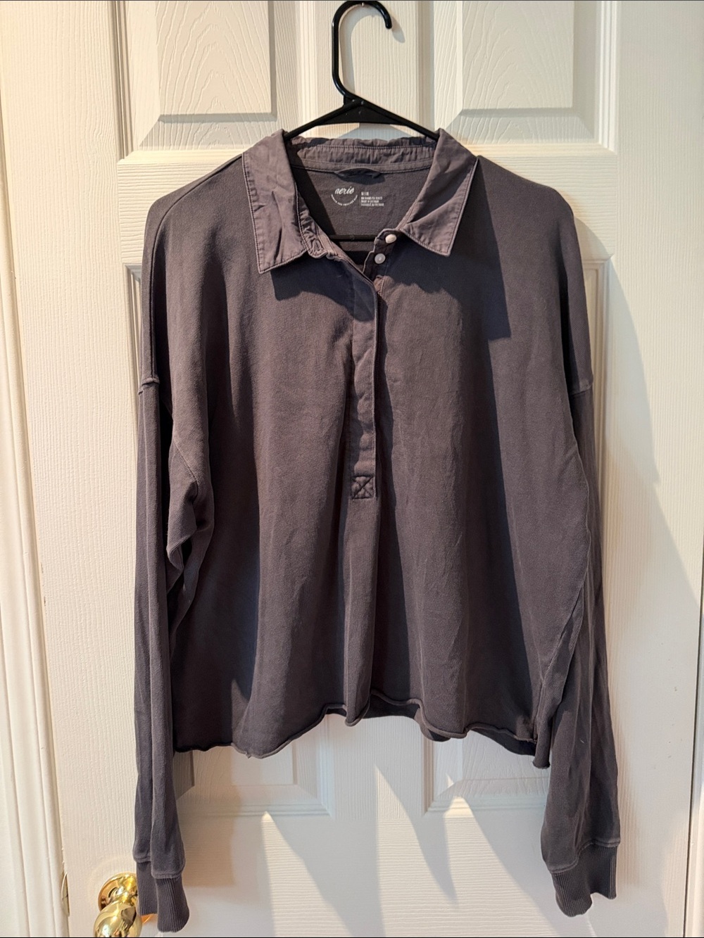 aerie Charcoal Gray Cropped Long-Sleeve Polo